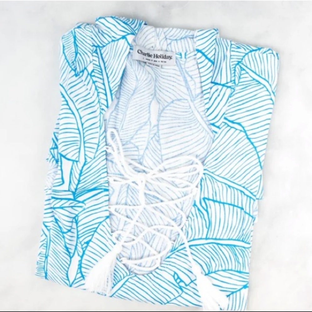 Charlie Holiday The Coco Cover Up Hooded Tropical Banana Leaf Blue Medium - Picture 10 of 14